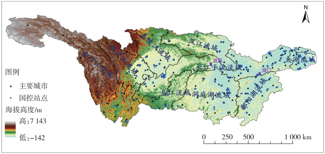 长江流域主要城市、国控站点及流域划分(宜昌、湖口分别为长江中游