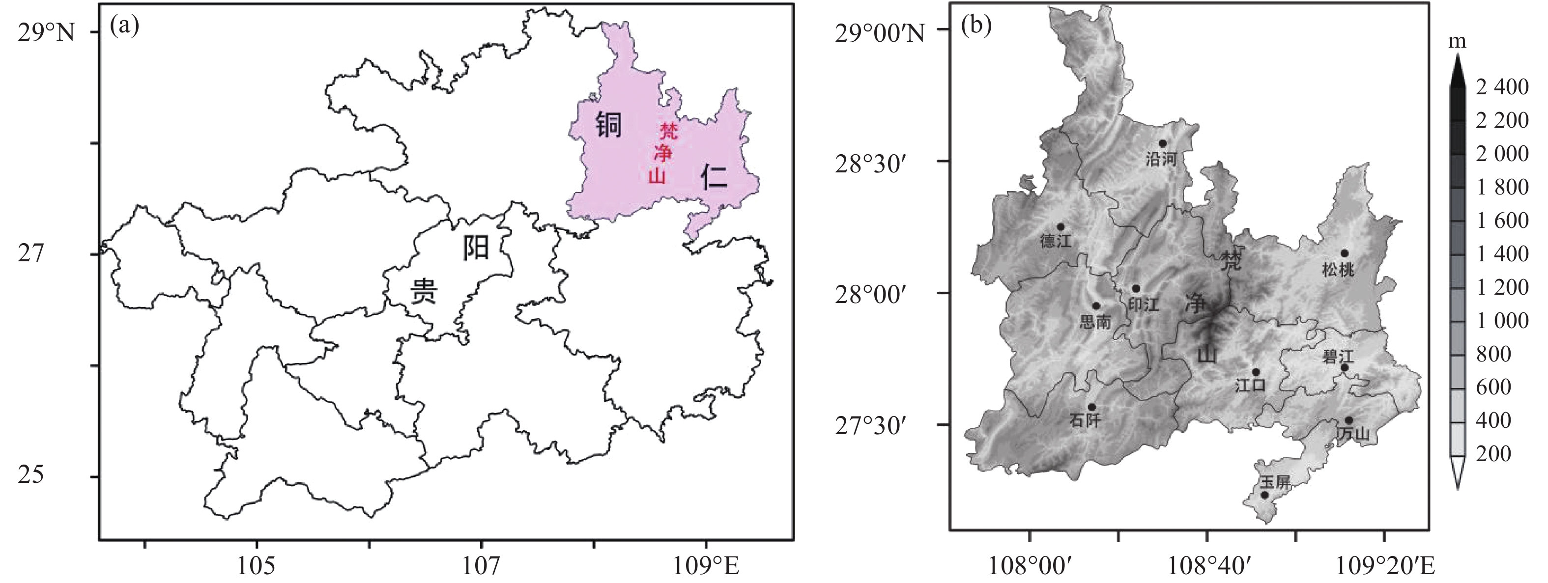 梵净山在贵州省的地理位置(a)及地形(b，灰色阴影为地形高度，下同)分布
