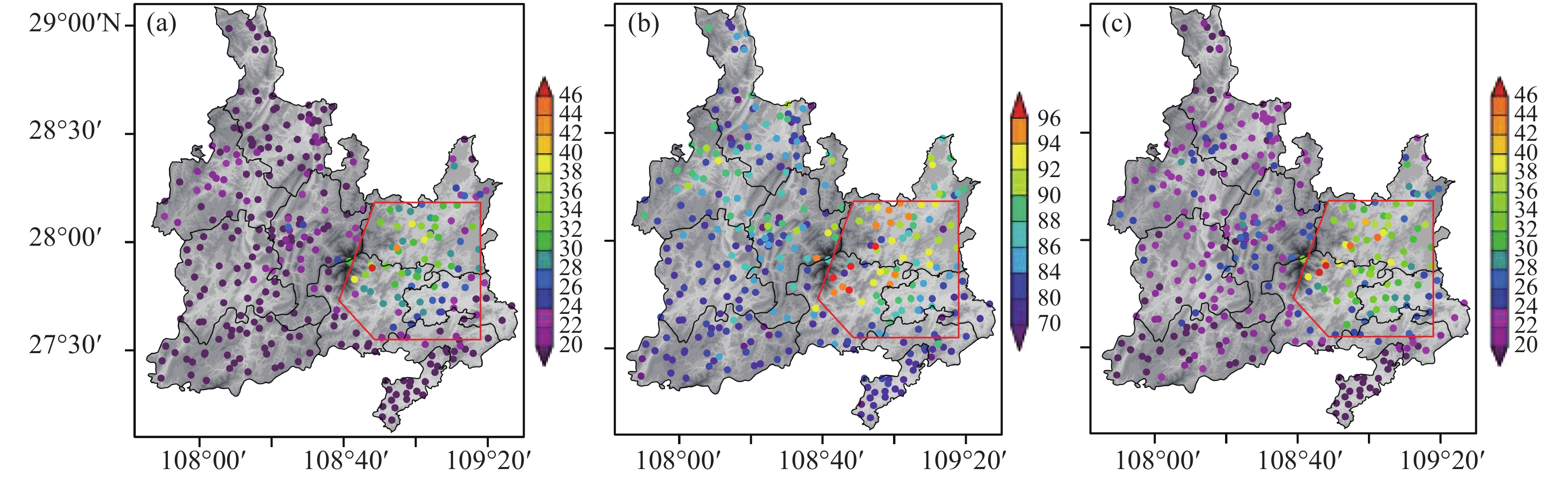 2014—2023年梵净山RF事件的日平均降水量PA (a，单位：mm)、降水频率PF (b，单位：%)和降水强度PI  (c，单位：mm·d−1)的空间分布